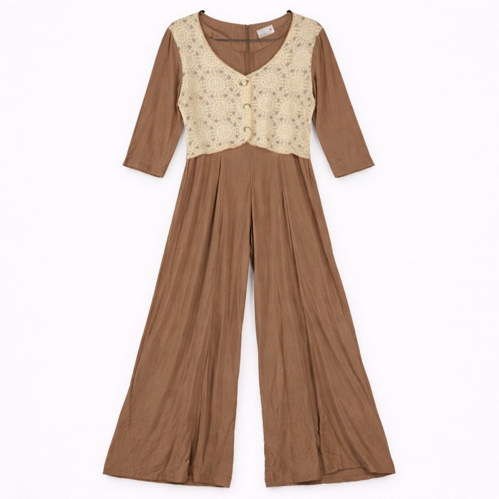 Vtg 70s Prairie‎ Romance Brown WideLeg Jumpsuit Crochet Lace Western Cottagecore